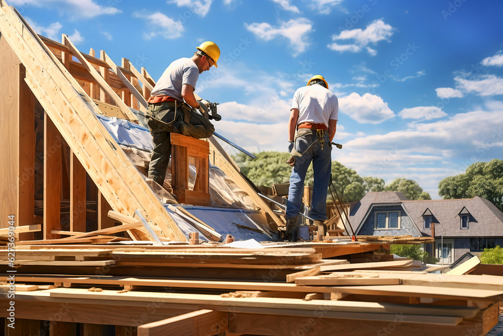 Two roofer ,carpenter working on roof structure at construction site